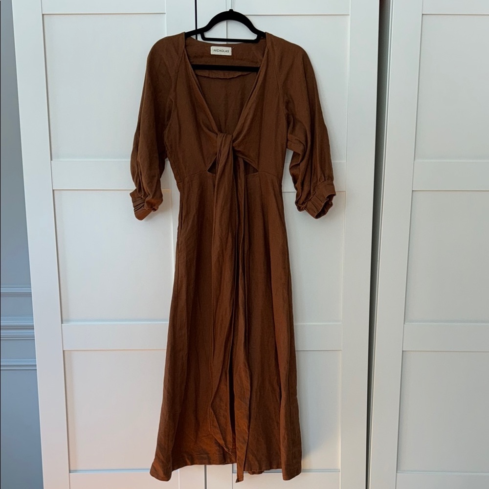 NICHOLAS Asilah linen Brown Long Sleeve Dress cutout size 4 small